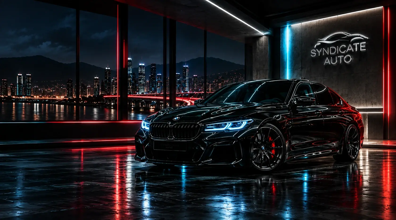 Чорний BMW у шоурумі SYNDICATE AUTO на тлі нічного міста